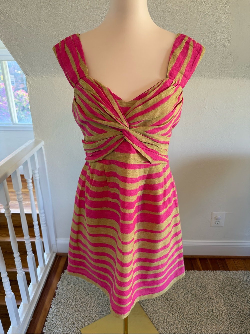 Nanette Lepore Vintage Pink and Gold Twisted-Front Striped Mini Dress Size 8